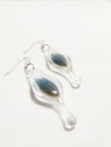 Glass capsule earrings with blue parrot feathers